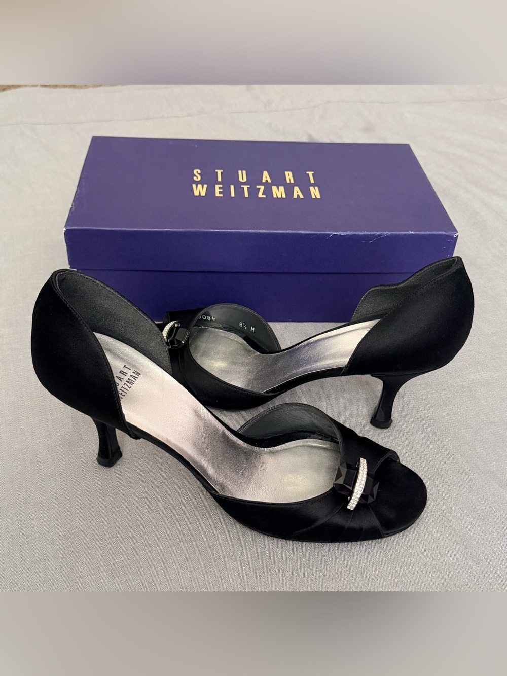 Stuart Weitzman  Black Satin Peep Toe Solitaire D'Orsay Pumps Size 8.5 w/ box